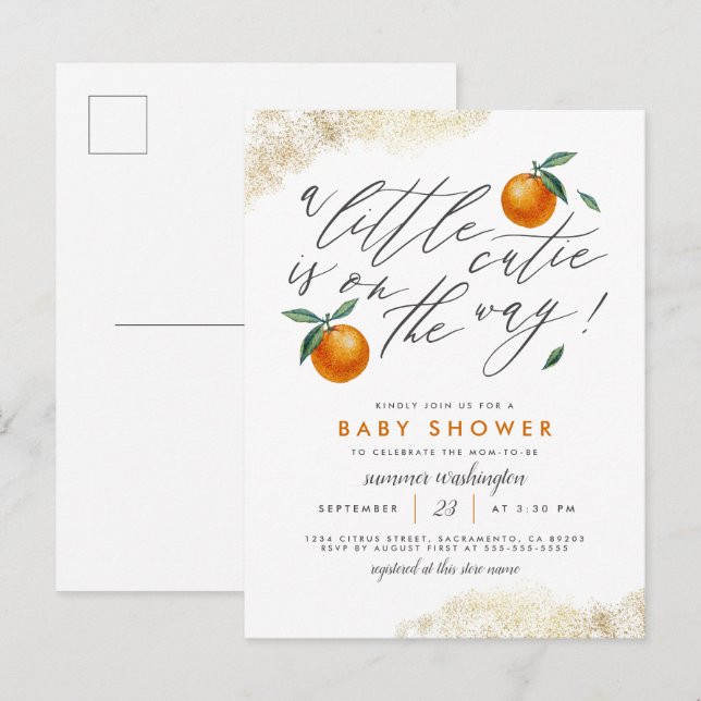 A Little Cutie Orange Neutral Baby Shower Invitation Postcard (Front/Back)