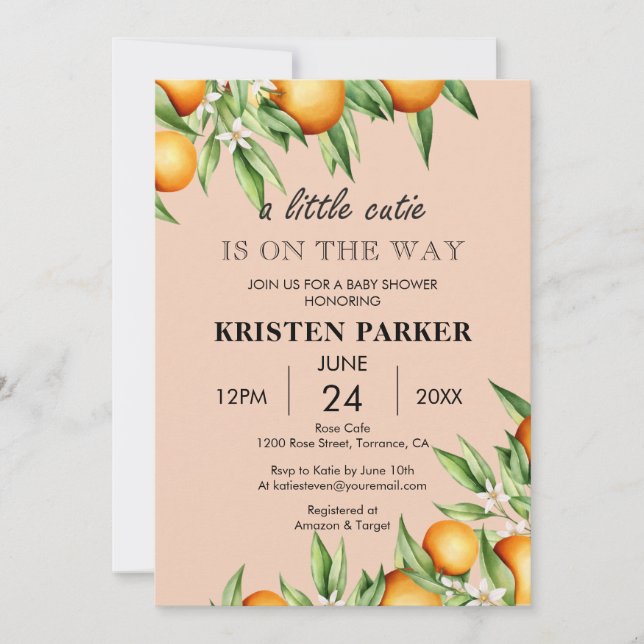 A Little Cutie Orange Pink Colour Baby Shower Invitation (Front)