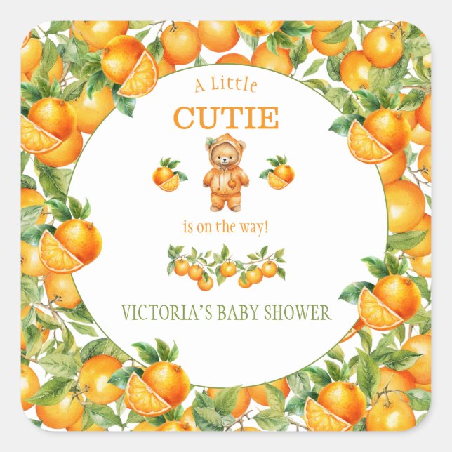A Little Cutie Orange Teddy Bear Baby Shower Square Sticker (Front)