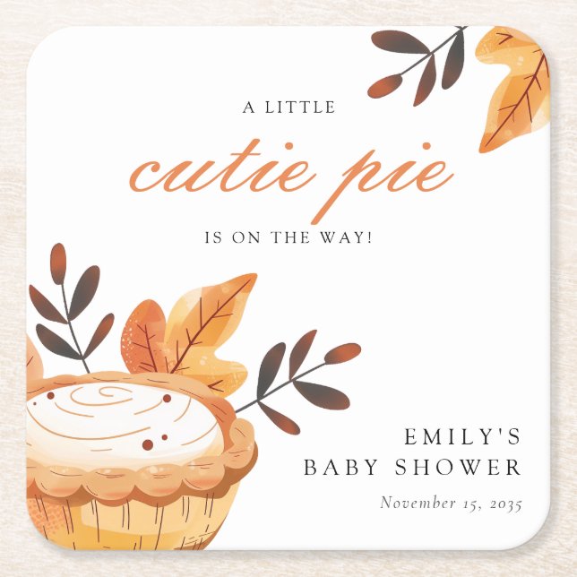 A Little Cutie Pie Fall Floral Baby Shower Square Paper Coaster (Front)
