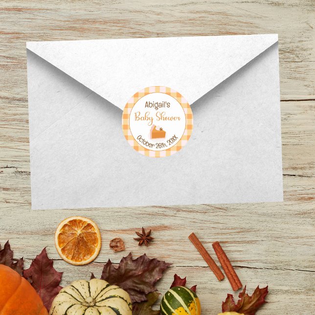 A Little Cutie Pie Gingham Fall Baby Shower Classic Round Sticker (Cutie Pie Gingham Fall Baby Shower Classic Round Sticker)
