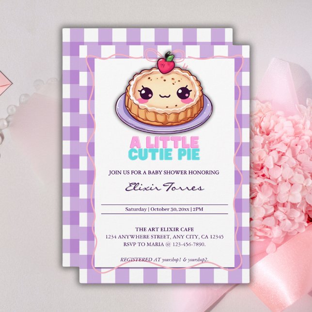 A Little Cutie Pie Kawaii Purple Plaid Baby Shower Invitation (Creator Uploaded)