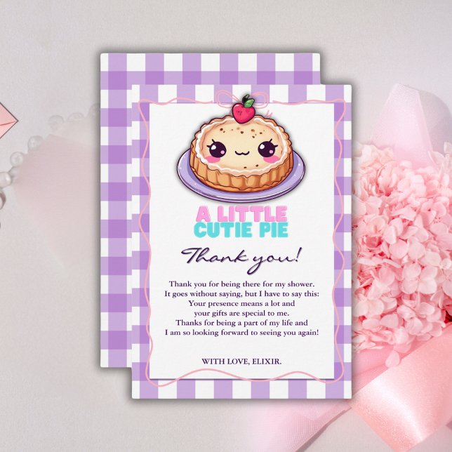A Little Cutie Pie Kawaii Purple Plaid Baby Shower Thank You Card (Creator Uploaded)