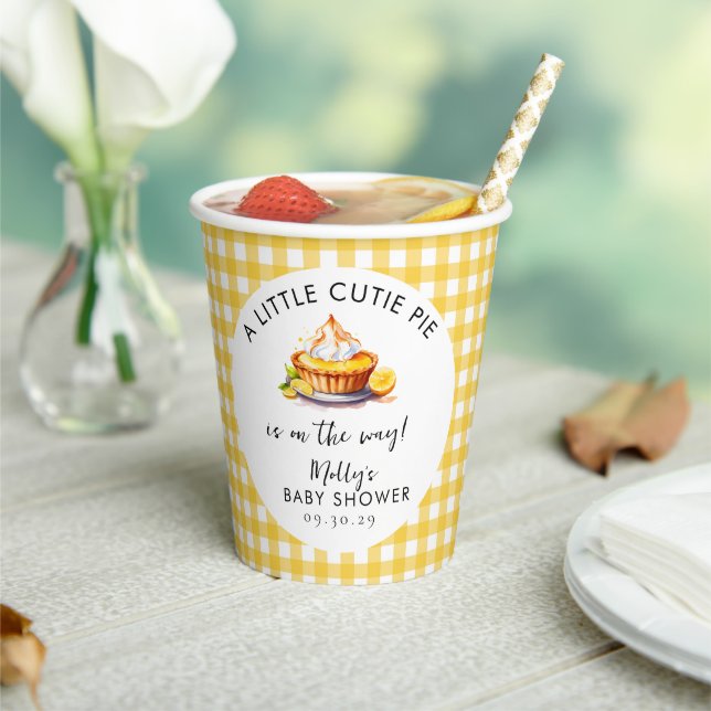 A Little Cutie Pie Lemon Gingham Baby Shower  Paper Cups (Insitu)
