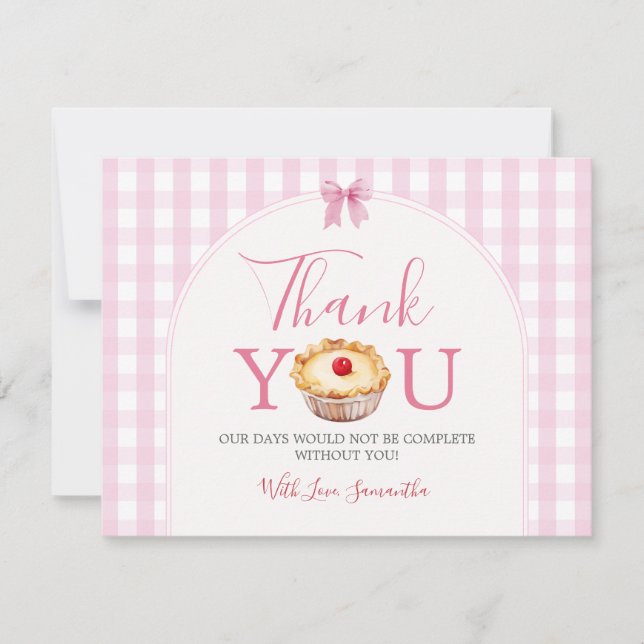 A little Cutie Pie Pink Gingham Baby Shower Thank You Card (Front)