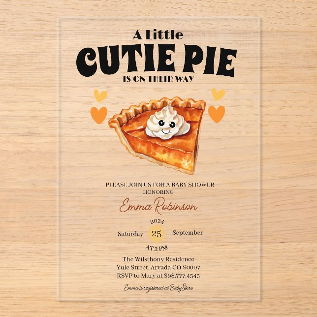 A Little Cutie Pumpkin Pie Autumn Fall Baby Shower Acrylic Invitations (Front)