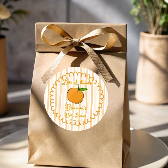 A little cutie whimsical citrus baby shower favour classic round sticker (A little cutie whimsical handrawn sketch citrus baby shower personalized favor stickers)