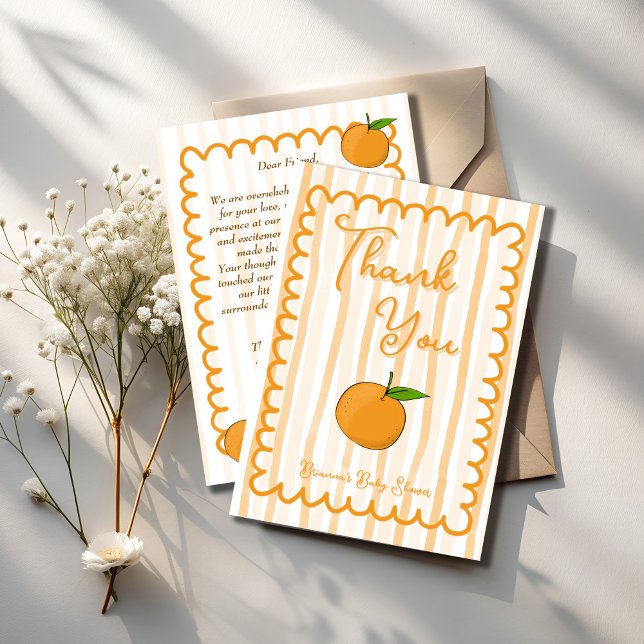 A little cutie whimsical citrus baby shower thank you card (A little cutie whimsical orange handrawn wavy border sketch citrus baby shower thank you cards)