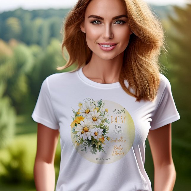 A Little Daisy Is On The Way Floral Baby Shower T-Shirt ("A Little Daisy Is On The Way!" Daisies Floral Themed Yellow, White, Green Girl Baby Shower T-Shirt)