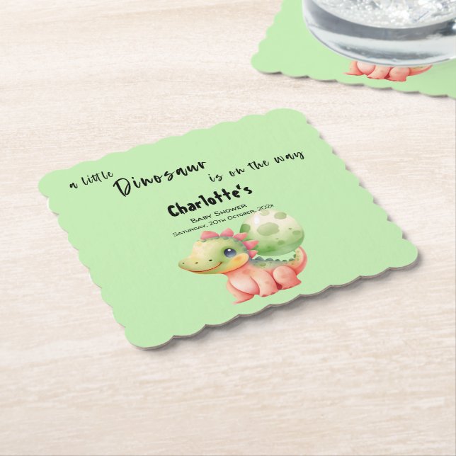 A Little Dinosaur Is On the Way Baby Shower Paper Coaster (Angled)