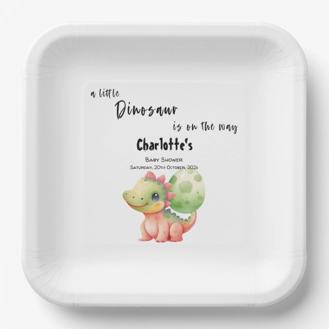 A Little Dinosaur Is On the Way Baby Shower Paper Plate (Front)