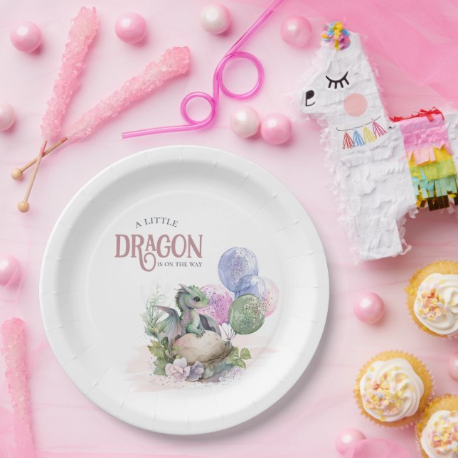 A Little Dragon is on the Way Girl Baby Shower  Paper Plate (Party)