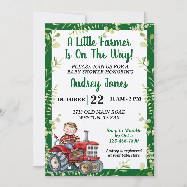 A Little Farmer Is On The Way Baby Shower Invitation (Front)