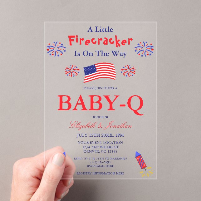 A Little Firecracker Is On The Way Baby-Q Acrylic Invitations (Insitu (Handheld))