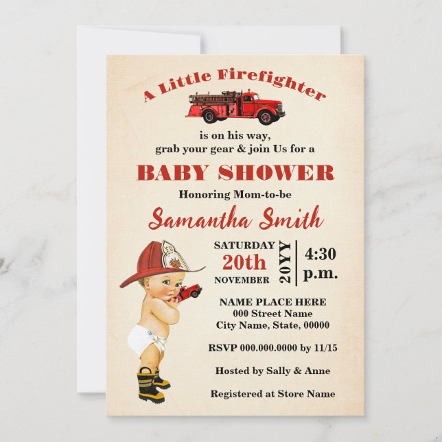 A Little Firefighter is on His Way Baby Shower Invitation (Front)