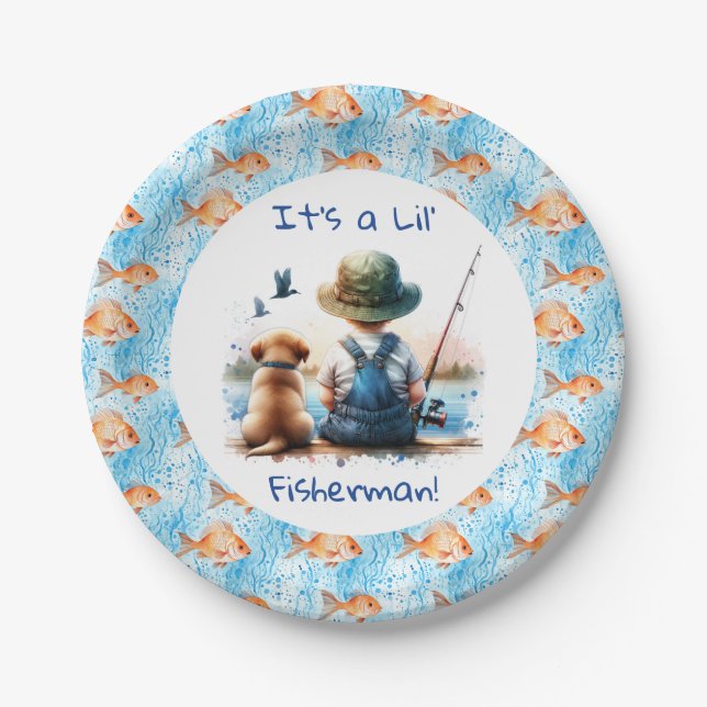 A Little Fisherman | Cute Boy's Baby Shower Paper Plate (Front)