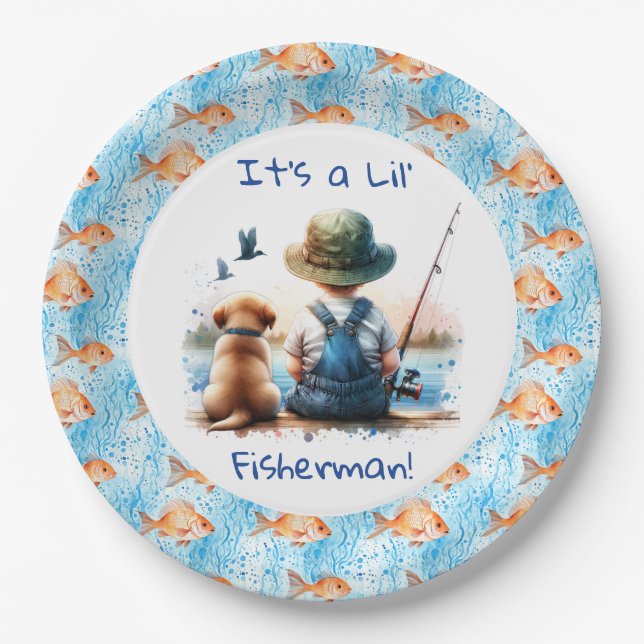 A Little Fisherman | Cute Boy's Baby Shower Paper Plate (Front)