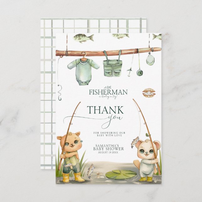 A Little Fisherman Is Reeling In joy Baby Shower Thank You Card (Front/Back)