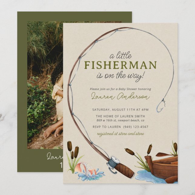 A Little Fisherman Watercolor Photo Baby Shower Invitation (Front/Back)