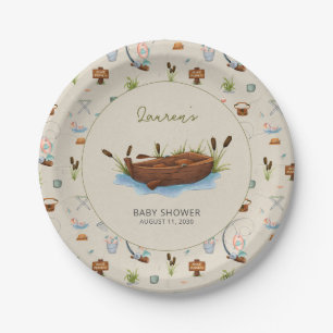 A Little Fisherman Watercolor Script Baby Shower Paper Plate