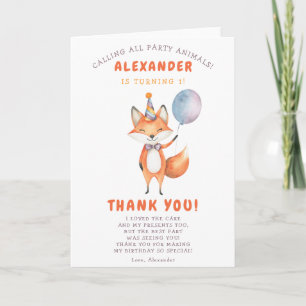 A Little Fox 3th Birthday Party  Thank You Card