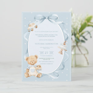 A Little Gentleman Blue Boy Bear Baby  Invitation