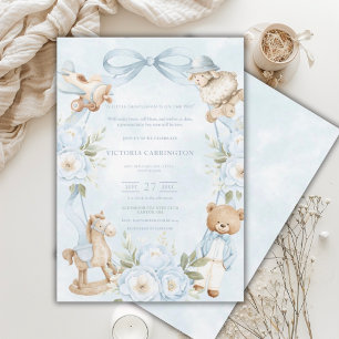 A Little Gentleman Blue Boy Bear Baby Invitation
