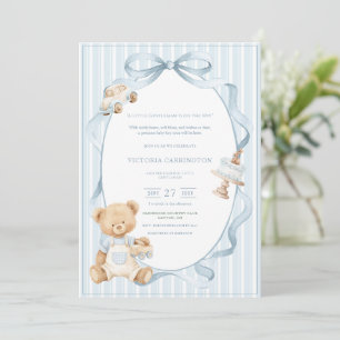 A Little Gentleman Blue Boy Bear Stripe Baby  Invitation
