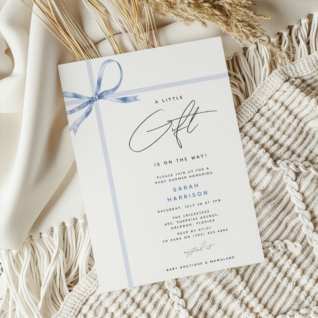 A little Gift' Bow Ribbon Boy Baby Shower Invitation (Creator Uploaded)