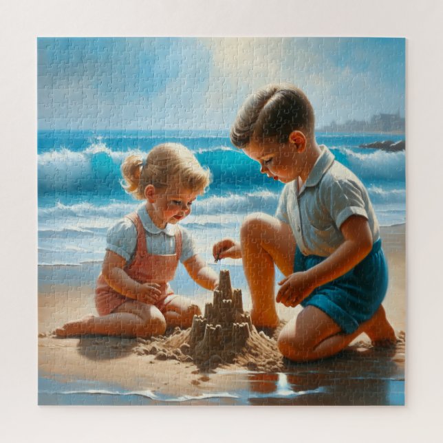 A Little Girl and Boy Building a Sandcastle   Jigsaw Puzzle (Vertical)