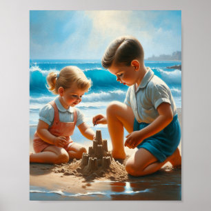A Little Girl and Boy Building a Sandcastle   Poster