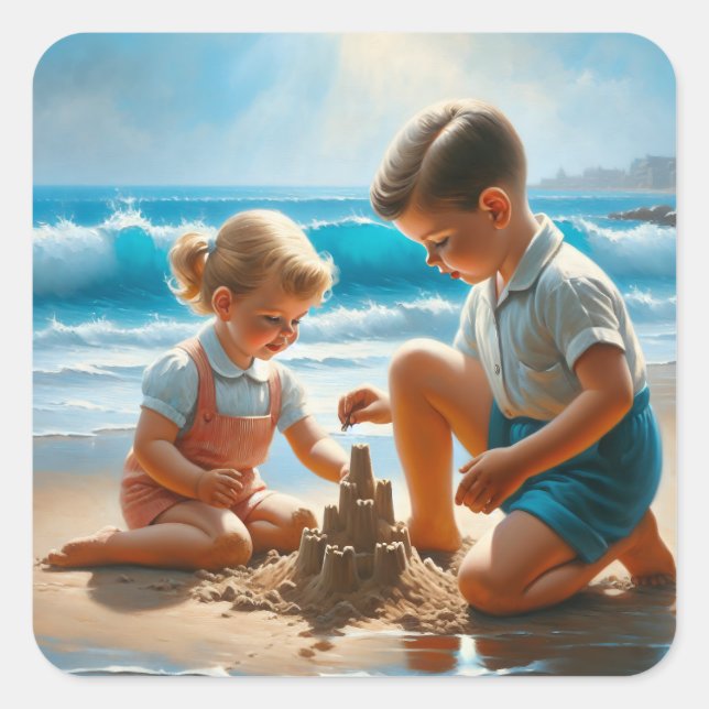 A Little Girl and Boy Building a Sandcastle   Square Sticker (Front)