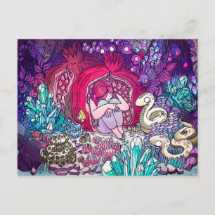 A little girl hiding in a pomegranate postcard