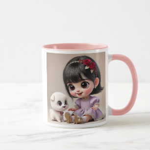 A little girl with a floral blindfold and a white mug