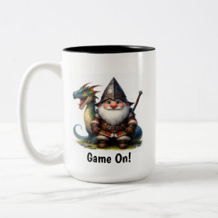 A Little Gnome Warrior Posing with his Dragon Two-Tone Coffee Mug
