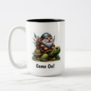A Little Gnome Warrior Posing with his Tortoise Two-Tone Coffee Mug