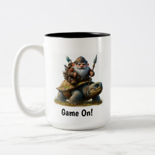 A Little Gnome Warrior Posing with his Tortoise Two-Tone Coffee Mug