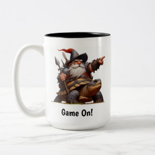 A Little Gnome Warrior Posing with his Tortoise Two-Tone Coffee Mug
