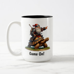 A Little Gnome Warrior Posing with his Tortoise Two-Tone Coffee Mug