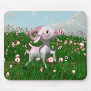 A little goat sniffs the flowers mouse mat