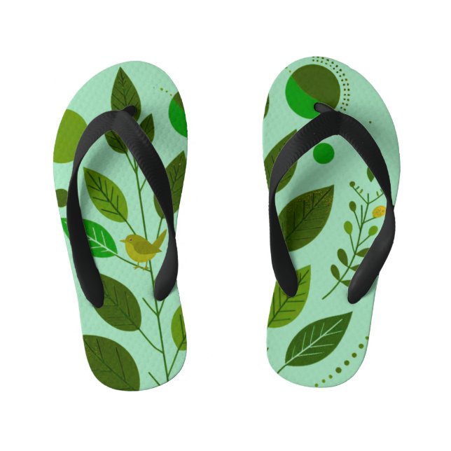 A little Green Bird and Green Leaves Kid's Flip Flops (Footbed)
