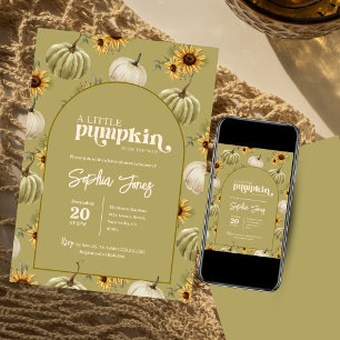 A little green pumpkin sunflower fall baby  shower invitation