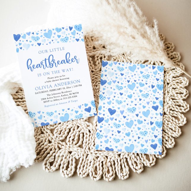 A Little Heartbreaker Blue Valentine Baby Shower Invitation (Watercolor Cute A Little Heartbreaker Blue Hearts Baby Boy Valentine Baby Shower Invitation)