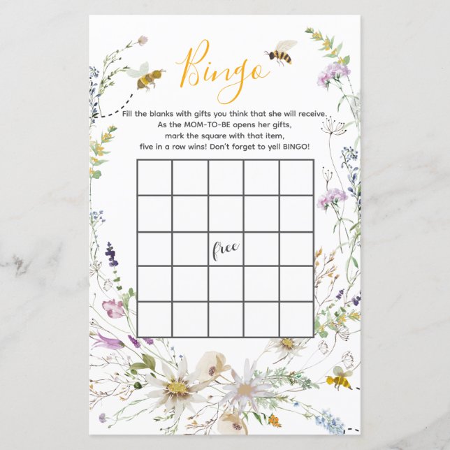 A Little Honey Bee Wildflower Baby Shower Bingo (Front)