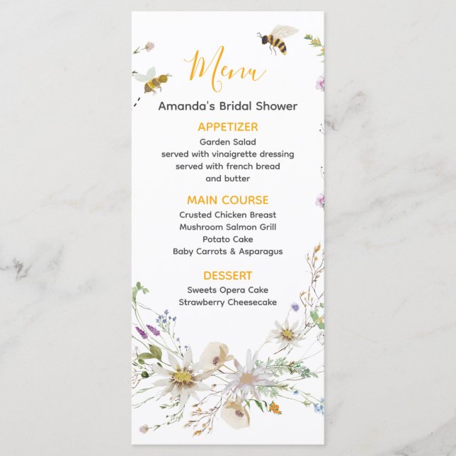 A Little Honey Bee Wildflower Baby Shower Menu (Front)
