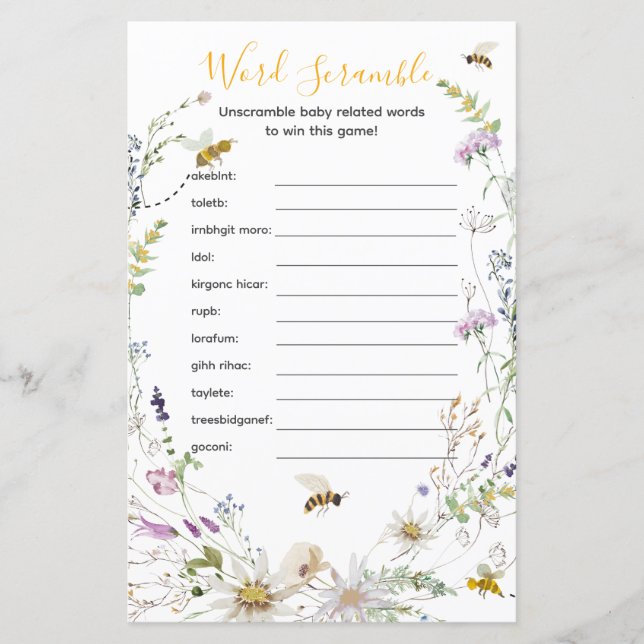 A Little Honey Bee Wildflower Word Scramble (Front)
