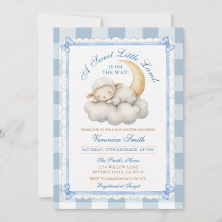 A little lamb Cute Baby Shower Blue gingham Invitation