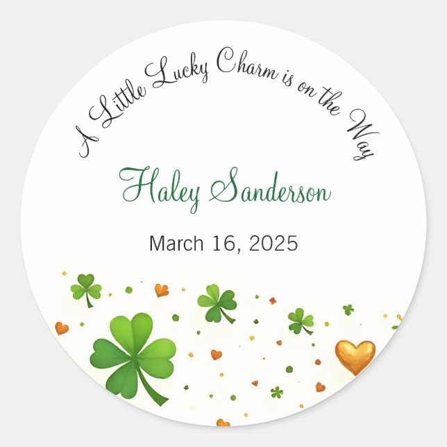 A Little Lucky Charm is on the Way Invitation Classic Round Sticker (Front)
