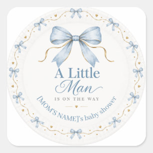 A Little Man Dusty Blue Bow Baby Boy Shower Paper  Square Sticker