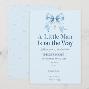 A Little Man Is on the Way Dusty Blue Bow Baby Invitation